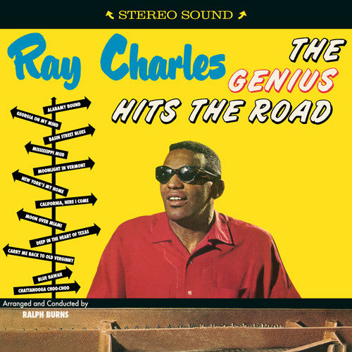 Ray Charles album cover, "The Genius Hits The Road," featuring his portrait.