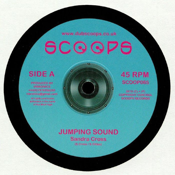 Turquoise vinyl record label with pink text: "Jumping Sound" by Sandra Cross.