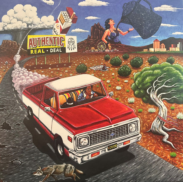 Painted album cover featuring a red truck, desert landscape, and giant objects.