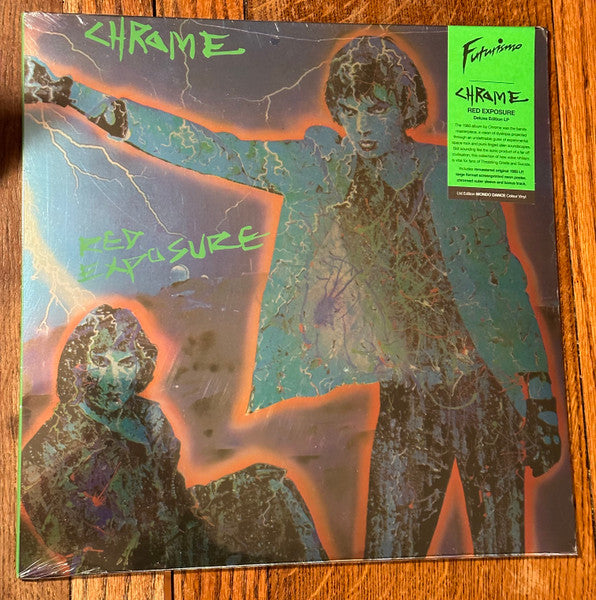 Chrome’s “Red Exposure” vinyl record cover with surreal, distorted imagery.
