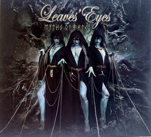 CD cover for Leaves' Eyes' "Myths of Fate" featuring hooded figures.