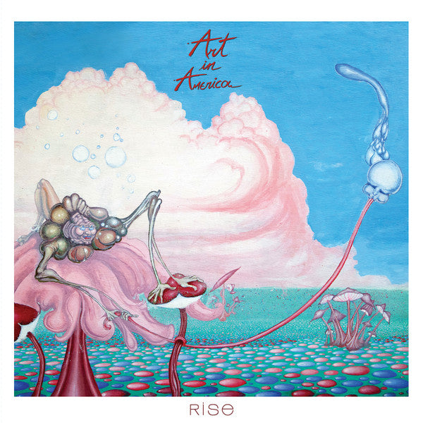 Surreal painting of fantastical creatures and cloud-like forms, album cover.