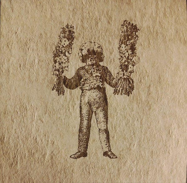 Engraved image of a figure with floral bundles on a textured background.