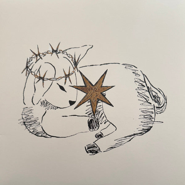 Black and gold sketch of a figure with a star and crown of thorns.