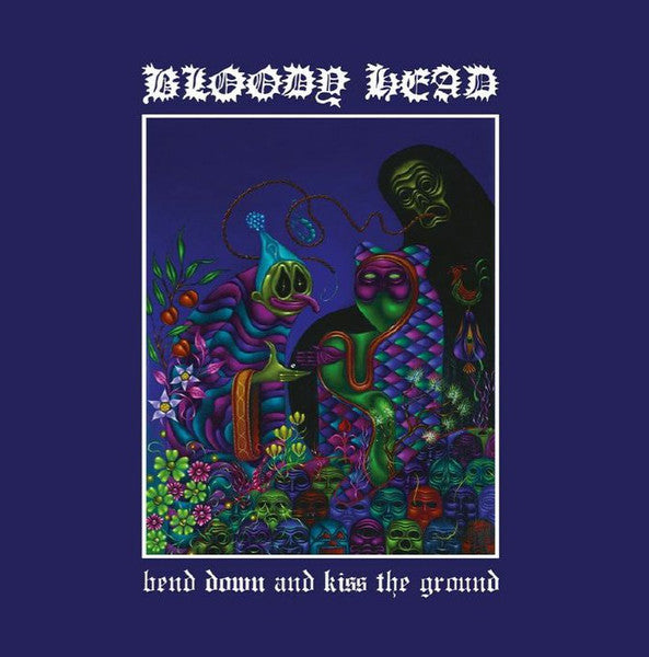 Psychedelic album cover with two figures amidst colorful floral and skull imagery.