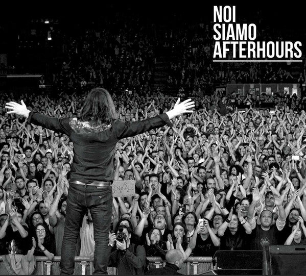 Back view of a performer with arms outstretched before a large crowd.