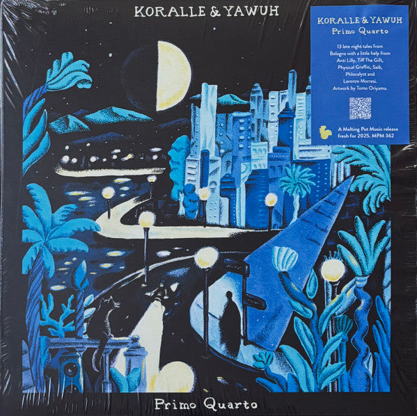 Vinyl record cover: blue illustrated cityscape under a crescent moon.