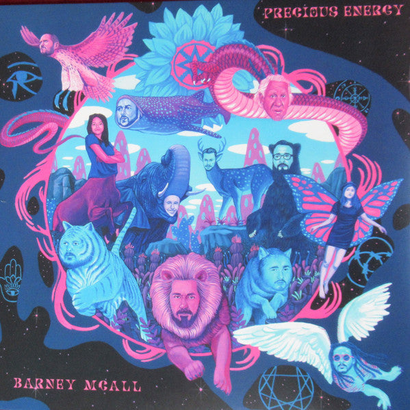 Album cover for Barney McCall's "Precious Energy" featuring surreal, colorful artwork.