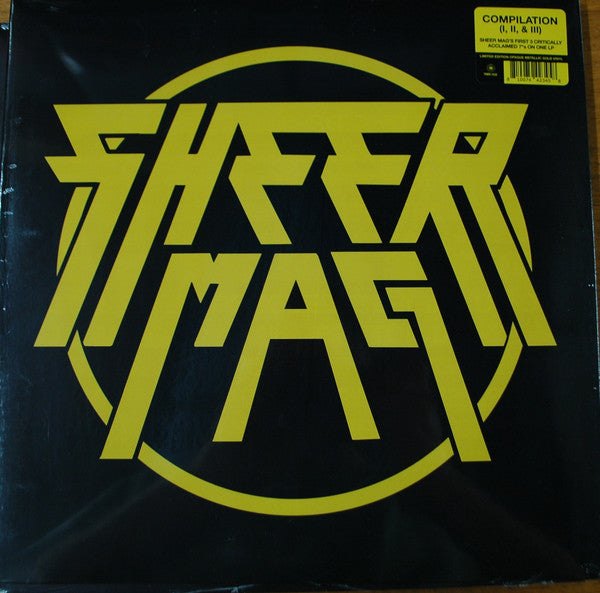 Black vinyl record with yellow "Sheer Mag" text inside a circular design.
