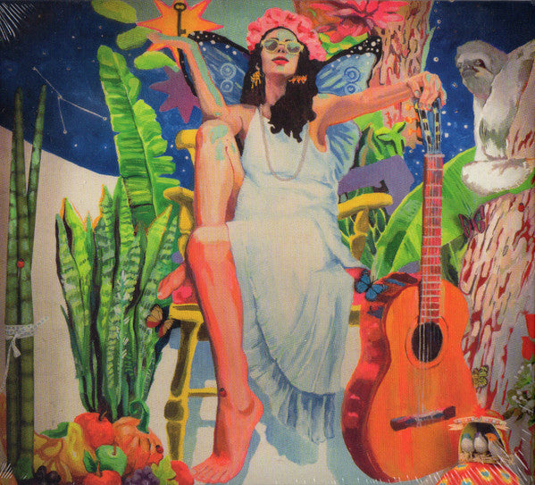 Painted CD cover featuring a woman with a guitar in a vibrant, surreal scene.