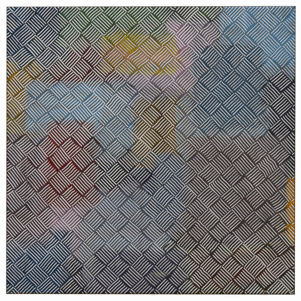 Abstract album cover with woven, colorful lines and a square format.