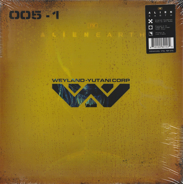 Yellow vinyl record of "Alien: Earth" soundtrack, sealed in plastic wrap.