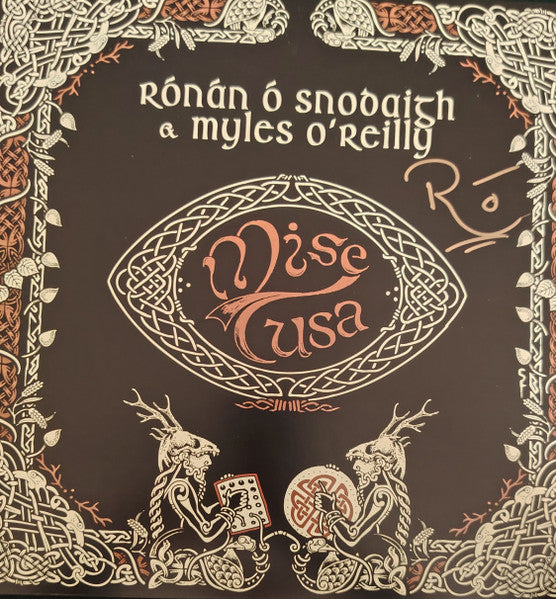 Vinyl record cover with Celtic knotwork, text “Mise Thusa”, and deer imagery.