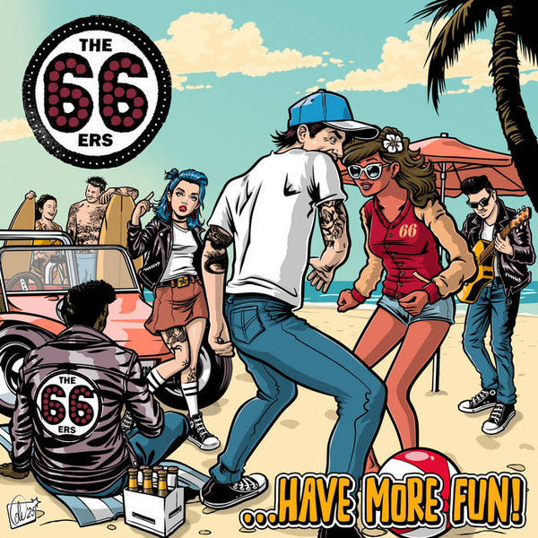 CD cover art: cartoon band on a beach with a classic car.