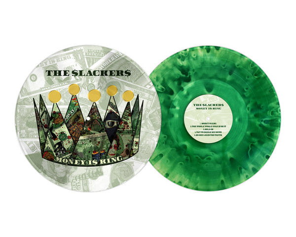 Two green and white marbled vinyl records with colorful label artwork.