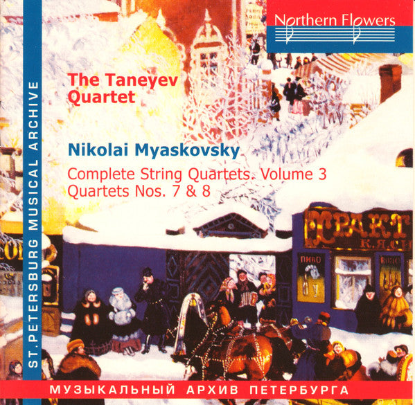 CD cover for Myaskovsky string quartets, featuring a snowy Russian village scene.