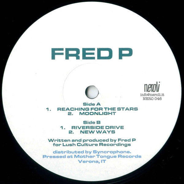 White vinyl record label with blue text: "Fred P - Reaching For The Stars".