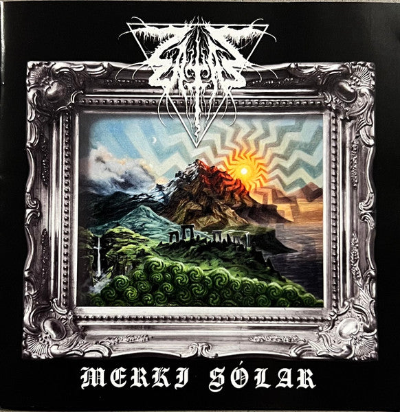 CD cover with ornate black frame, landscape, and stylized text.