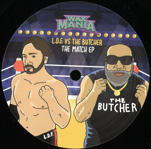 Vinyl record label with illustrated boxing match between two men.