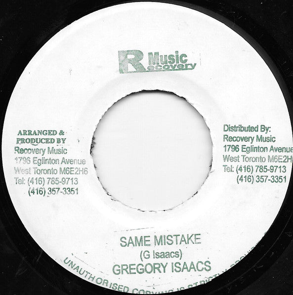 White vinyl record label with black text, "Same Mistake" by Gregory Isaacs.