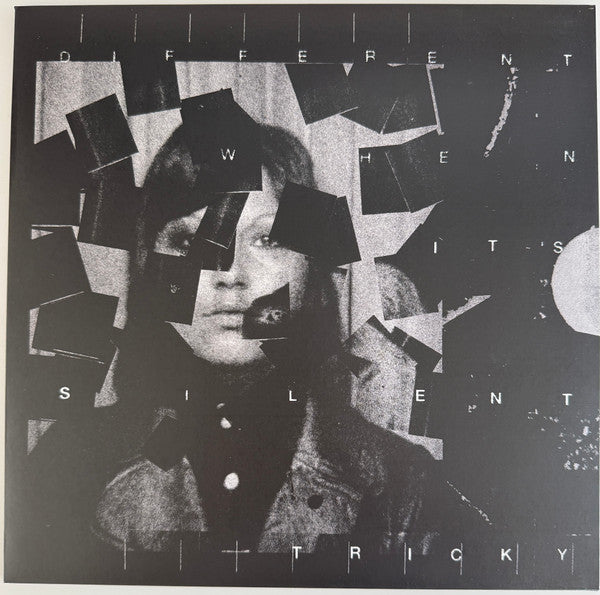 Black and white album cover with fragmented portrait and text.