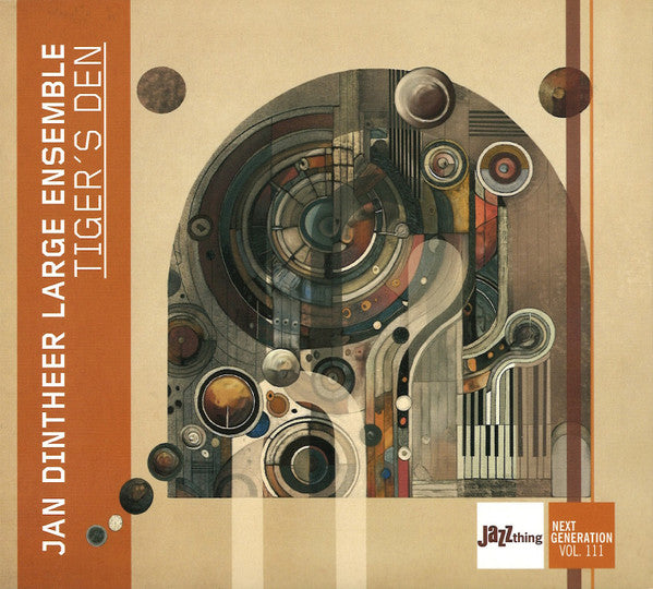 CD cover for "Tigers Den" with abstract mechanical illustration.