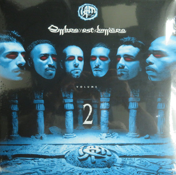 Vinyl record cover featuring five men with red eyes and ancient ruins.