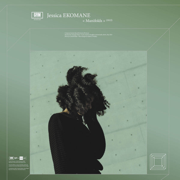 Album cover: Jessica Ekomane, green background, person with afro, abstract lines.