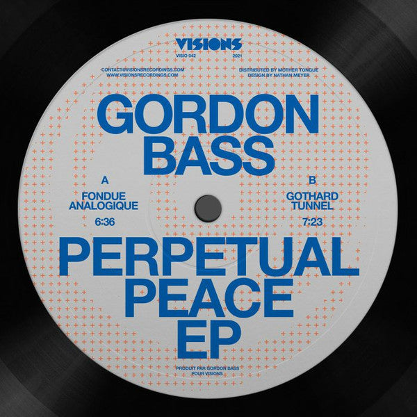 Vinyl record label for Gordon Bass’s “Perpetual Peace EP” with blue text.