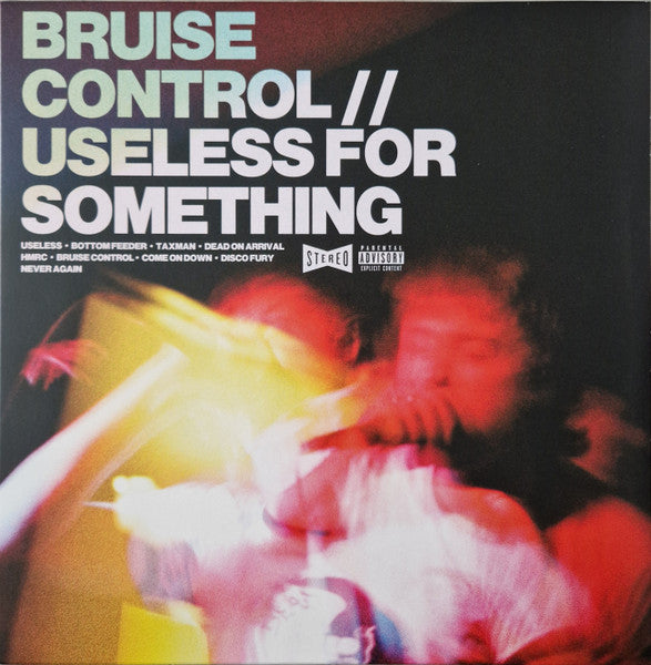 Bruise Control vinyl record cover with distorted face and text.