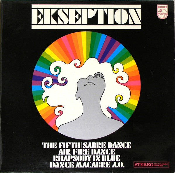 Ekseption album cover: black background with rainbow burst and face illustration.