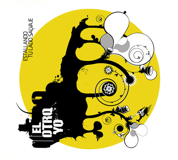 Yellow CD cover with black splatter, lightbulbs, and text "El Otro Yo".