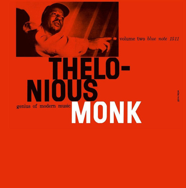 Thelonious Monk album cover, red background, portrait and bold white text.