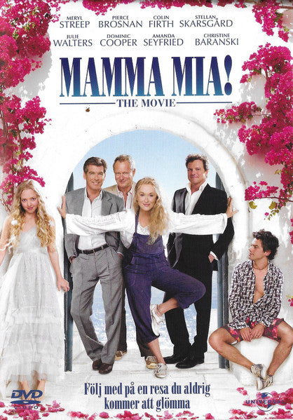 Mamma Mia!" DVD cover featuring Meryl Streep and cast in front of a villa.
