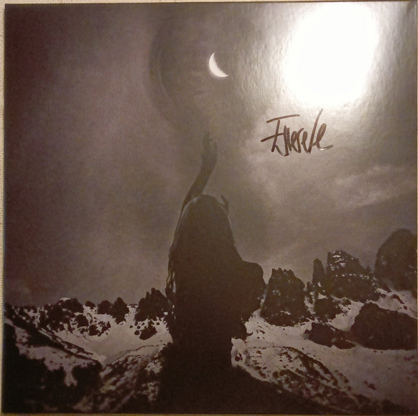 Vinyl record cover: dark landscape with moon, silhouette, and text.