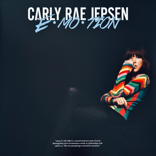 Carly Rae Jepsen’s “Emotion” vinyl album cover with a portrait of the artist.
