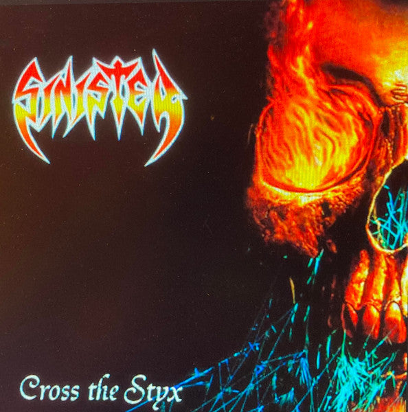 Album cover for Sinister’s “Cross The Styx” featuring fiery skull imagery.
