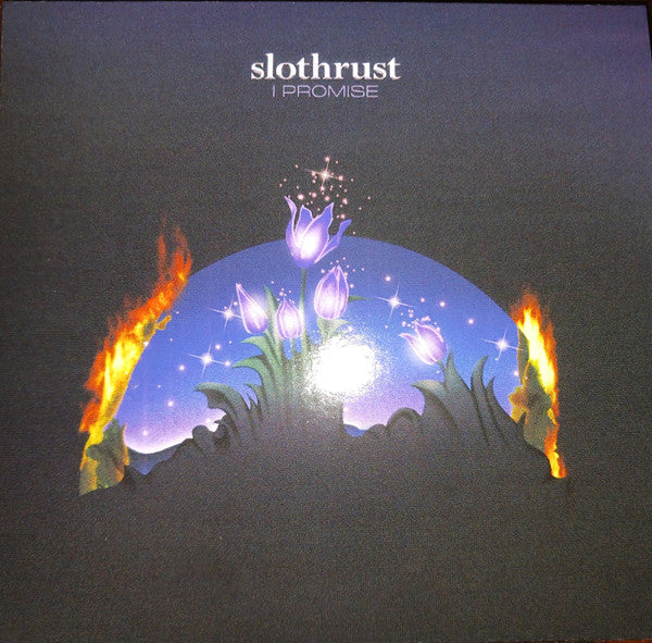Slothrust album cover: burning flowers under a glowing blue arc.