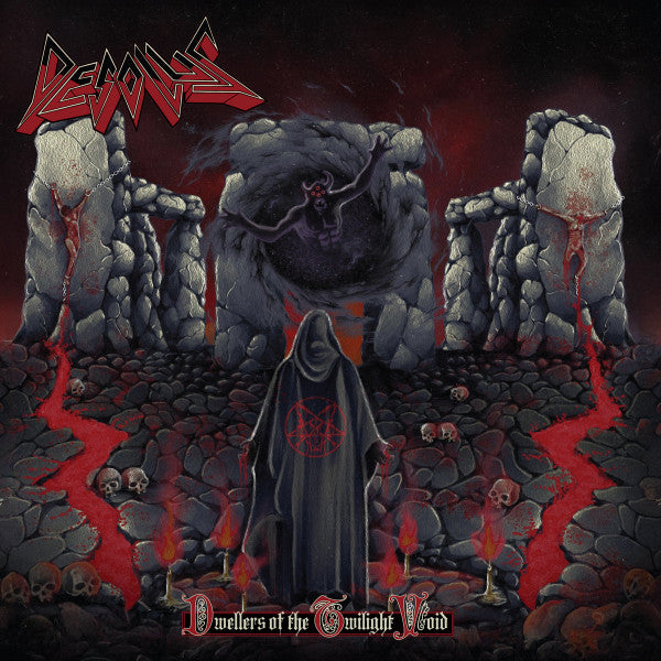 Dark album cover depicting a hooded figure before stone monoliths and skulls.