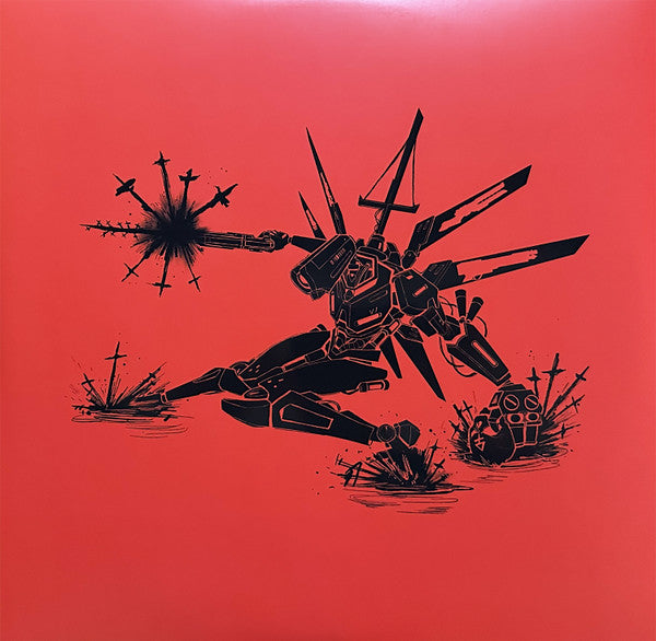 Black silhouette of a robotic figure against a solid red background.
