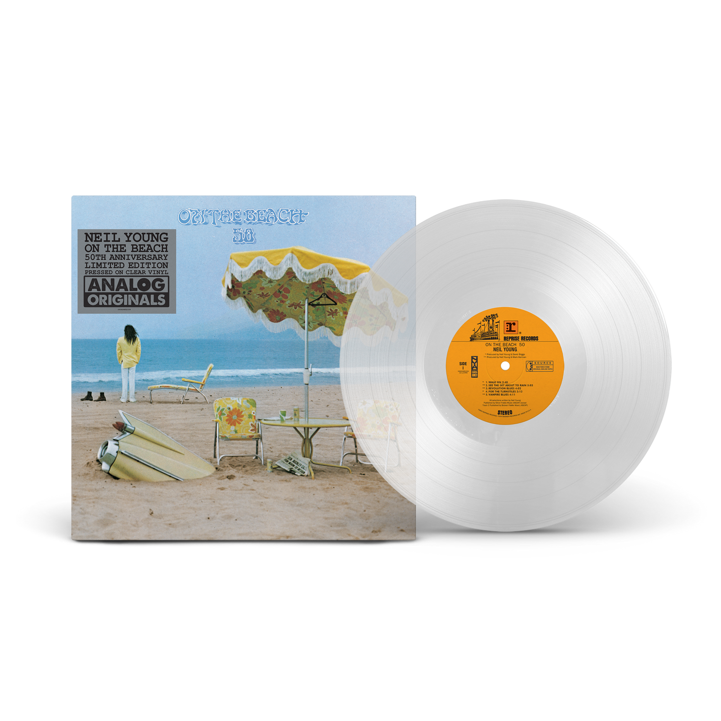 Neil Young's "On The Beach" 50th anniversary clear vinyl record and cover.