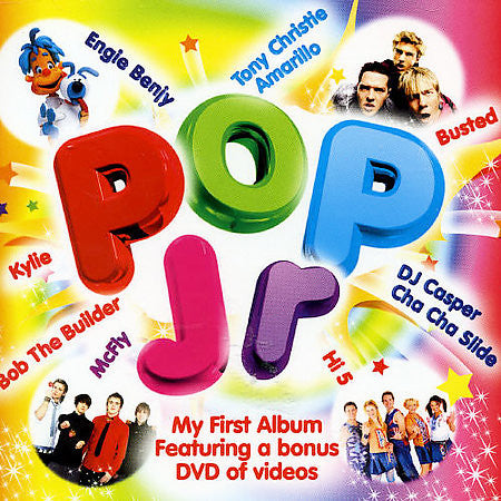 Colorful "POP!" album cover with celebrity portraits and cartoon characters.