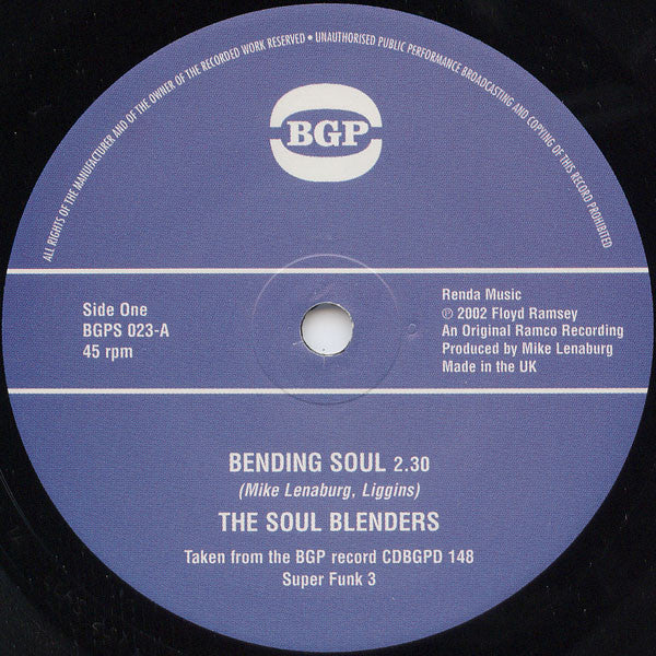Blue vinyl record label with text details: "Soul Blenders - Bending Soul.