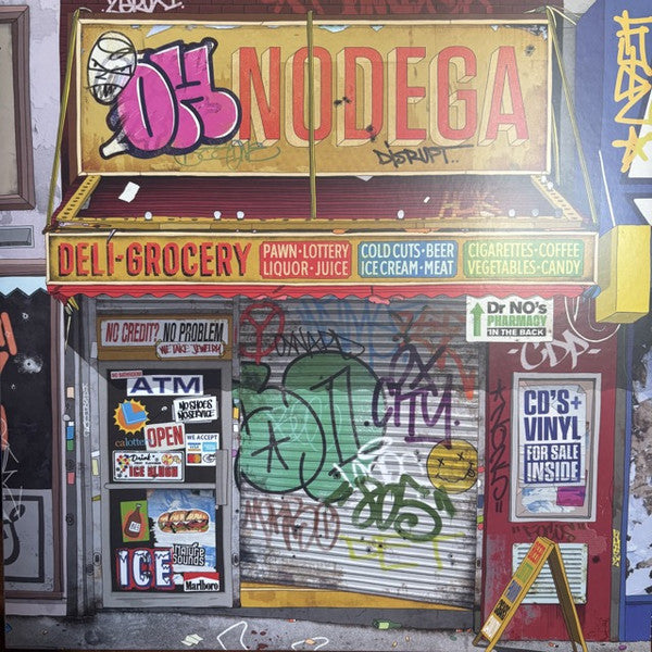 Vinyl record cover depicting a graffiti-covered deli storefront scene.