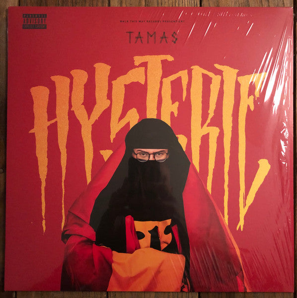 Red vinyl record cover with a veiled figure and dripping text.