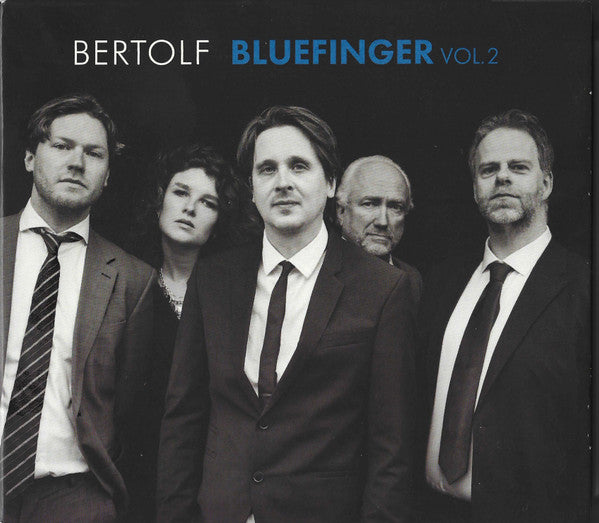 Black and white photo of five people in suits on a CD cover.
