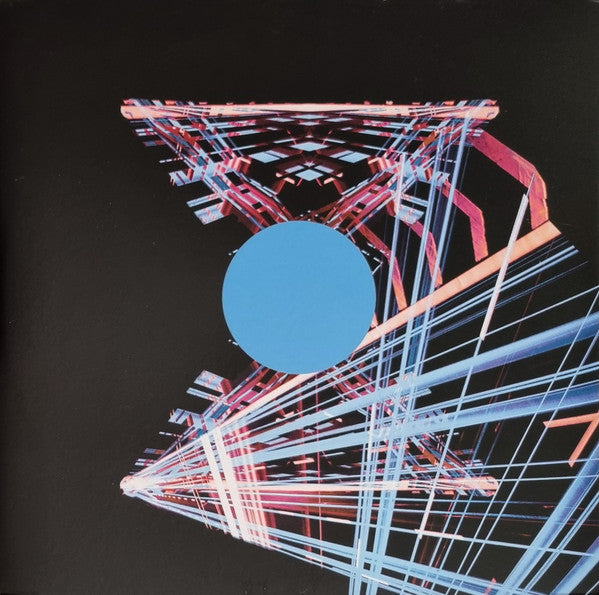 Abstract vinyl record cover with blue circle and neon linear patterns.