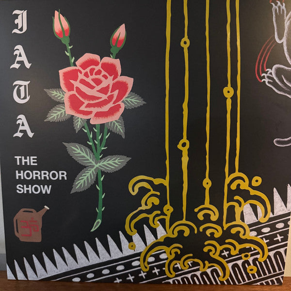 Vinyl record cover: black background with roses, gold lines, and text.