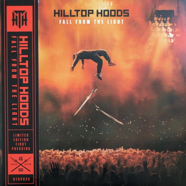 Hilltop Hoods album cover: a figure falling amidst a crowd and swords.