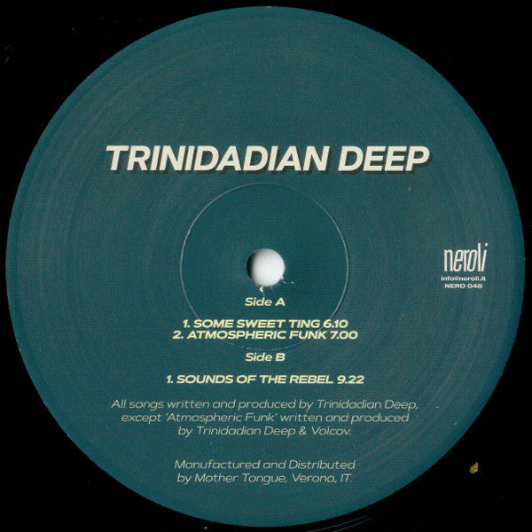 Dark teal vinyl record label with white text: “Trinidadian Deep – Some Ting Sweet.”